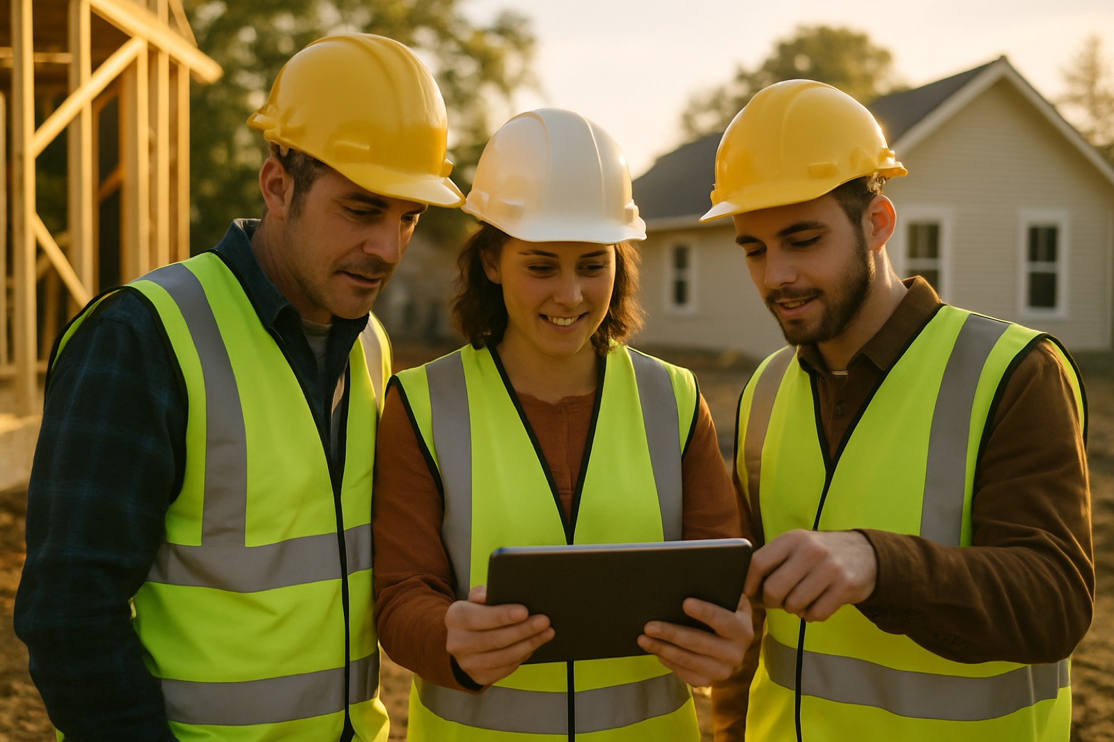 A small construction crew in hi-vis vests reviewing a plan together on a tablet