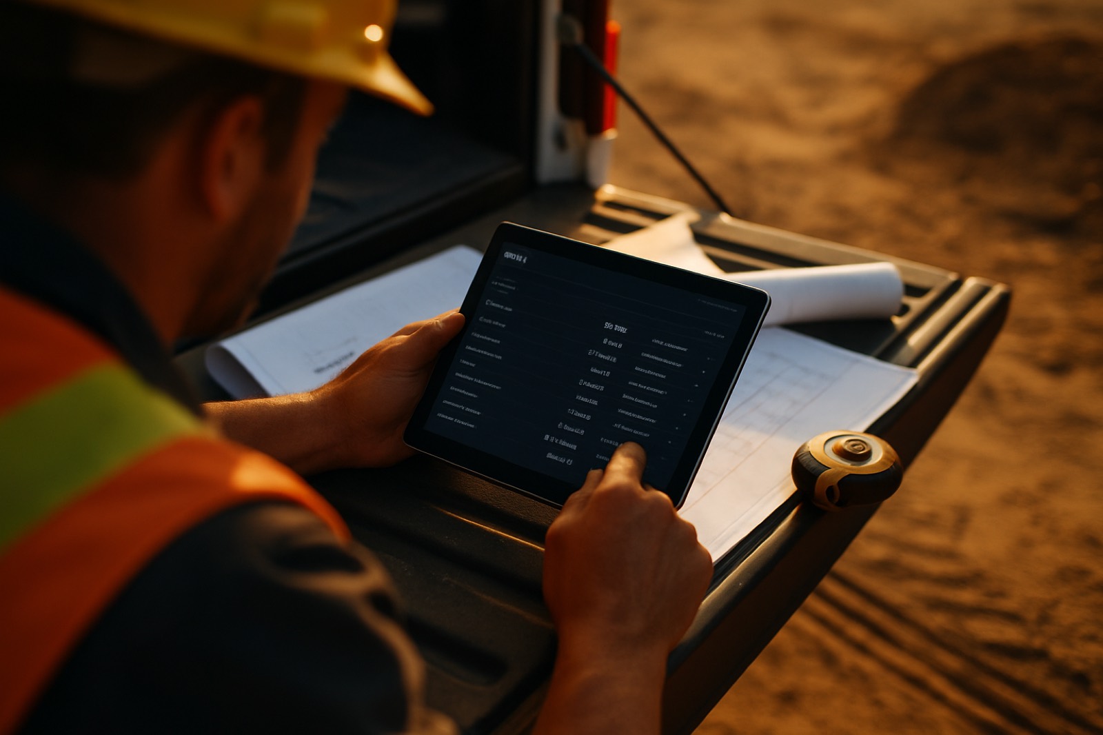 Over-the-shoulder view of hands holding a tablet over blueprints spread on a truck tailgate