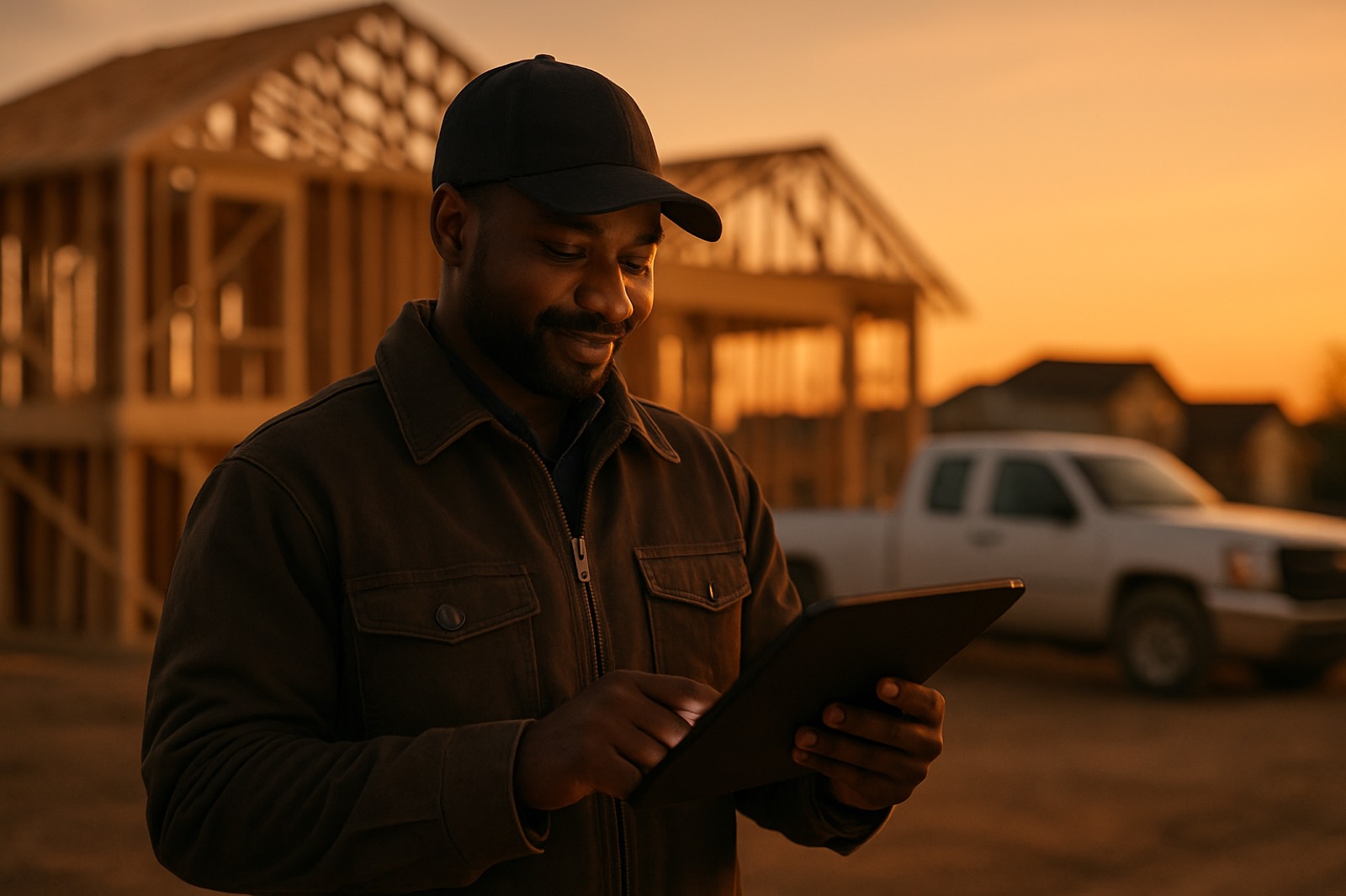 A contractor on a job site at dusk holding a tablet, with a house frame and truck in warm golden light behind him